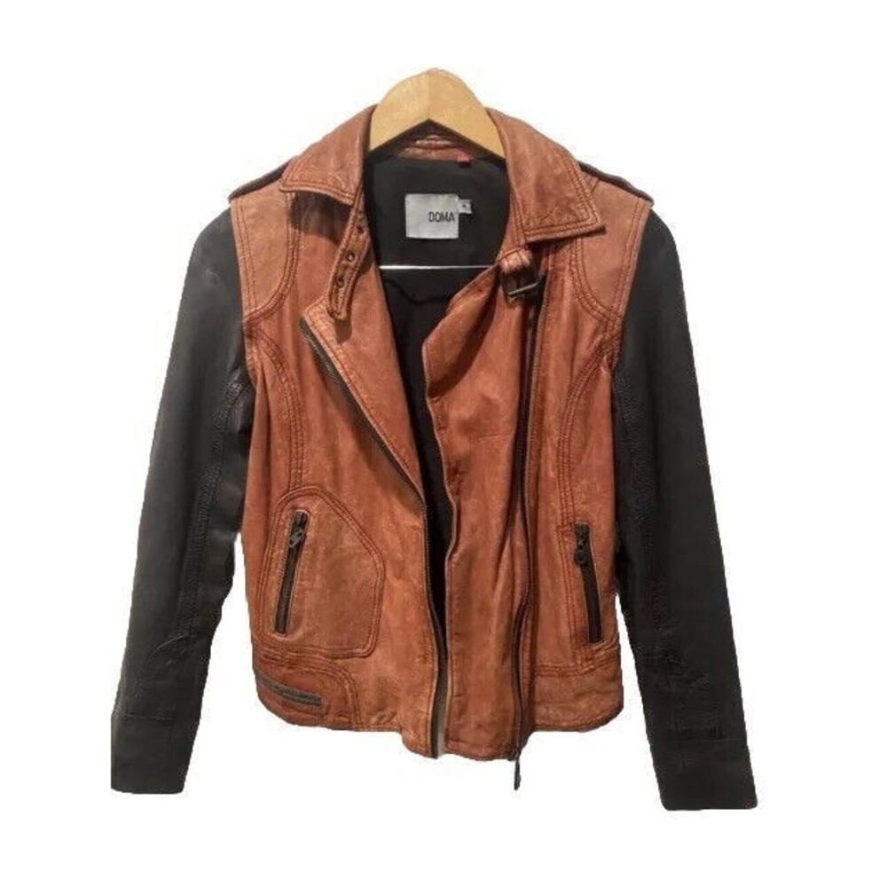 Doma Womens Leather Jacket Distressed Color Block 2 Tone Brown Black Moto Coat S